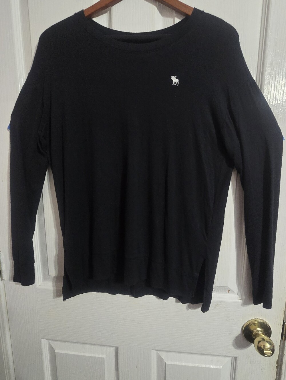 Abercrombie & Fitch Women's Black Crewneck Sweater with White Moose Logo